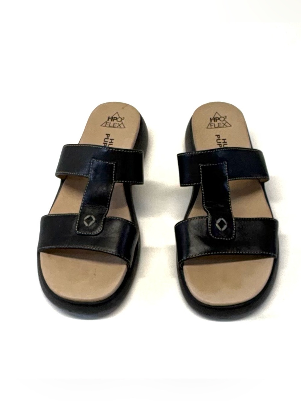 Hush Puppies Black Leather T-Strap Slide Sandals Size 7.5 M Comfort